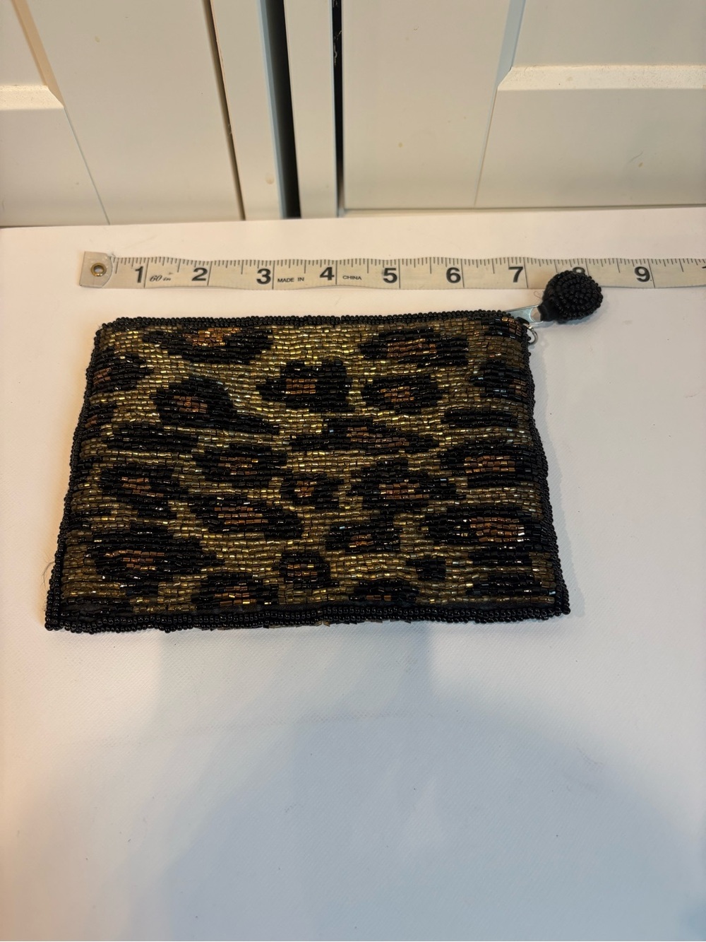 Beaded Leopard Print Wristlet Pouch - Black & Gold